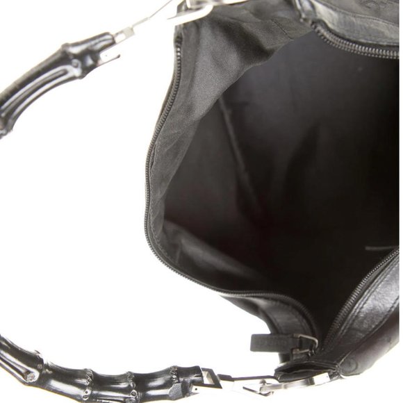 Gucci GG Black Nylon Bamboo Handle Hobo Bag Leather Trim Gunmetal Hardware - Picture 4 of 5